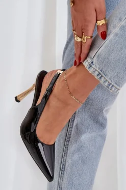 Lakierowane Szpilki Z Odkrytą Piętą I Szpiczastymi Noskami Czarne Rivori