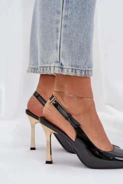 Lakierowane Szpilki Z Odkrytą Piętą I Szpiczastymi Noskami Czarne Rivori