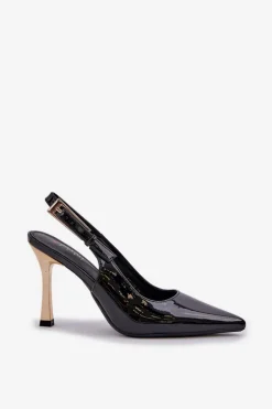 Lakierowane Szpilki Z Odkrytą Piętą I Szpiczastymi Noskami Czarne Rivori