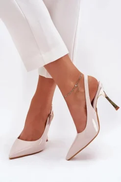 Lakierowane Szpilki Z Odkrytą Piętą I Szpiczastymi Noskami Jasnobeżowe Rivori