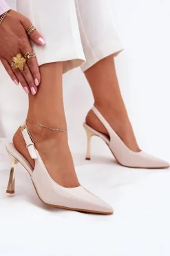 Lakierowane Szpilki Z Odkrytą Piętą I Szpiczastymi Noskami Jasnobeżowe Rivori