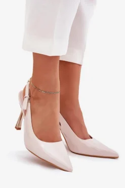 Lakierowane Szpilki Z Odkrytą Piętą I Szpiczastymi Noskami Jasnobeżowe Rivori