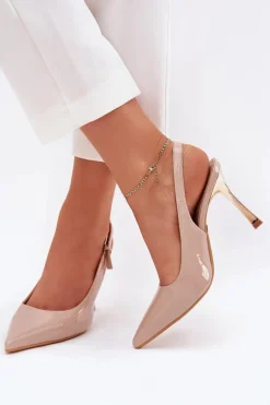 Lakierowane Szpilki Z Odkrytą Piętą I Szpiczastymi Noskami Beżowe Rivori