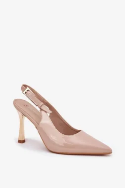 Lakierowane Szpilki Z Odkrytą Piętą I Szpiczastymi Noskami Beżowe Rivori