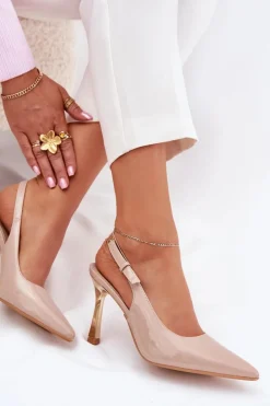 Lakierowane Szpilki Z Odkrytą Piętą I Szpiczastymi Noskami Beżowe Rivori