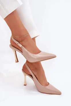 Lakierowane Szpilki Z Odkrytą Piętą I Szpiczastymi Noskami Beżowe Rivori