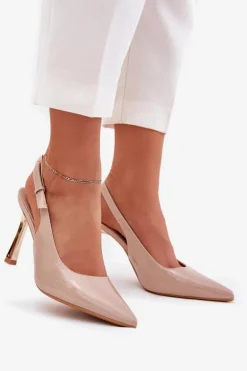 Lakierowane Szpilki Z Odkrytą Piętą I Szpiczastymi Noskami Beżowe Rivori