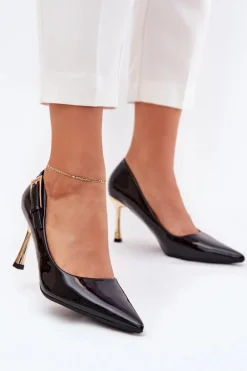 Lakierowane Szpilki Ze Złotą Klamrą Czarne Mivira