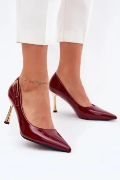 Lakierowane Szpilki Ze Złotą Klamrą Bordowe Mivira