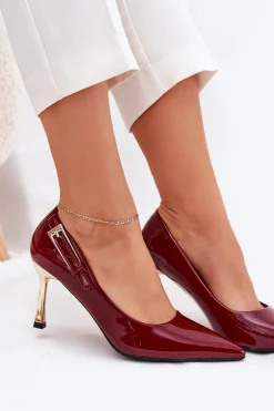 Lakierowane Szpilki Ze Złotą Klamrą Bordowe Mivira