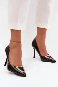 Lakierowane Szpilki Ze Złotym Detalem Czarne Paivelle