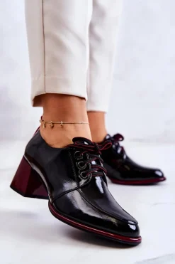 Lakierowane Wiązane Półbuty Na Słupku Czarno-Czerwone Esmera