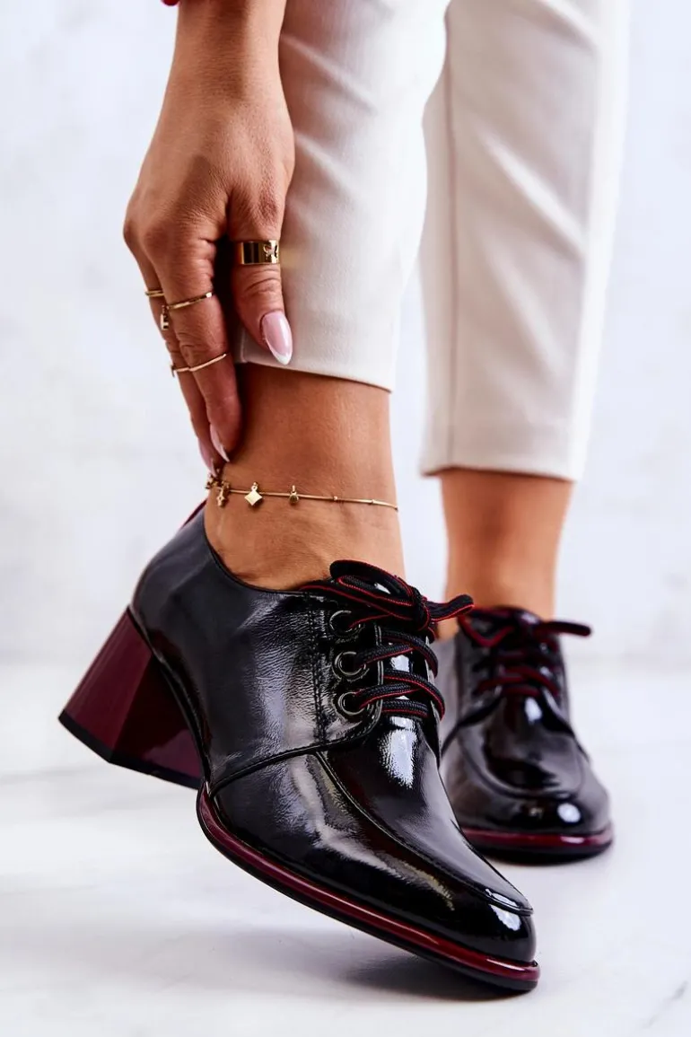 Lakierowane Wiązane Półbuty Na Słupku Czarno-Czerwone Esmera