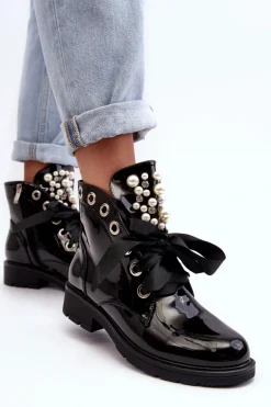 Lakierowane Zdobione Botki Czarne Sirdre