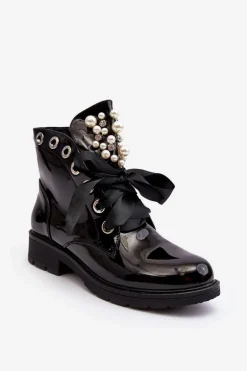 Lakierowane Zdobione Botki Czarne Sirdre