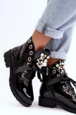 Lakierowane Zdobione Botki Czarne Sirdre