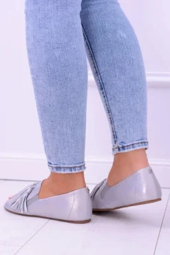 Laura Messi 1701 Skórzane Szare Baleriny Peep Toe Lendo