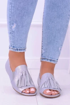 Laura Messi 1701 Skórzane Szare Baleriny Peep Toe Lendo