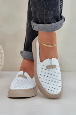 Lekkie Ażurowe Skórzane Mokasyny Półbuty Damskie Na Platformie I Koturnie Białe Hanthiel