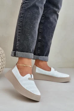 Lekkie Ażurowe Skórzane Mokasyny Półbuty Damskie Na Platformie I Koturnie Białe Hanthiel