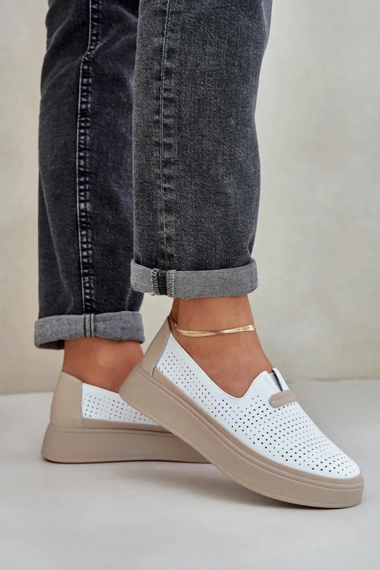 Lekkie Ażurowe Skórzane Mokasyny Półbuty Damskie Na Platformie I Koturnie Białe Hanthiel