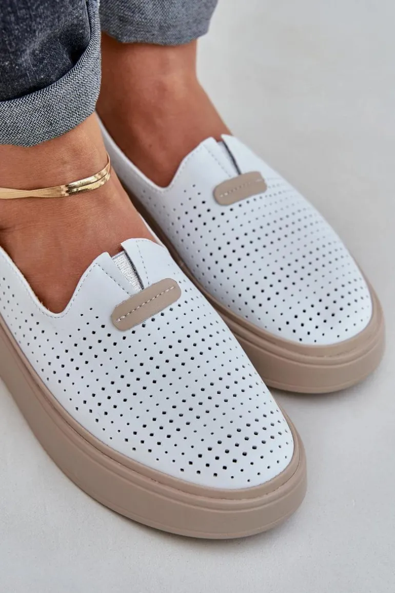 Lekkie Ażurowe Skórzane Mokasyny Półbuty Damskie Na Platformie I Koturnie Białe Hanthiel