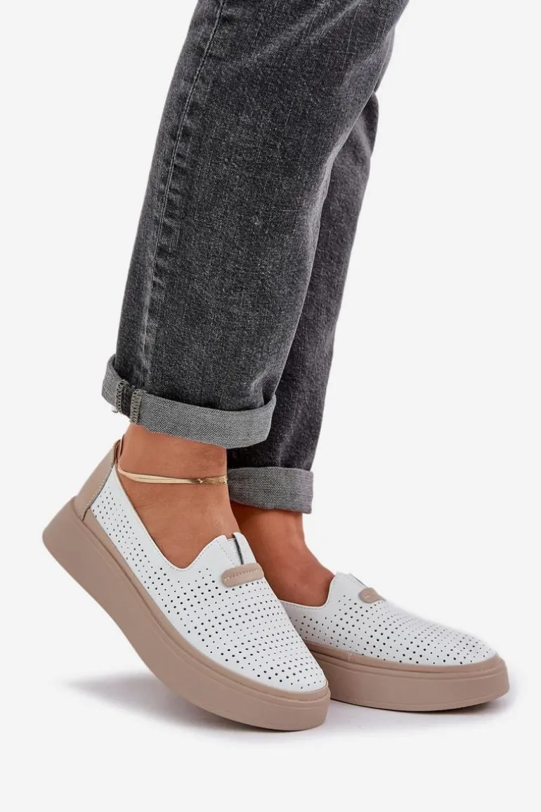 Lekkie Ażurowe Skórzane Mokasyny Półbuty Damskie Na Platformie I Koturnie Białe Hanthiel