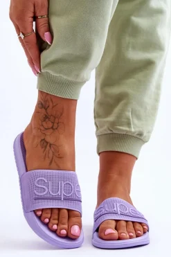 Lekkie Damskie Klapki Z Napisem Fioletowe Merry