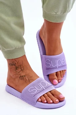 Lekkie Damskie Klapki Z Napisem Fioletowe Merry