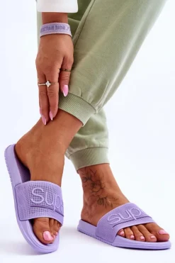 Lekkie Damskie Klapki Z Napisem Fioletowe Merry