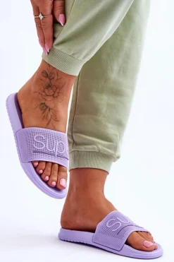 Lekkie Damskie Klapki Z Napisem Fioletowe Merry