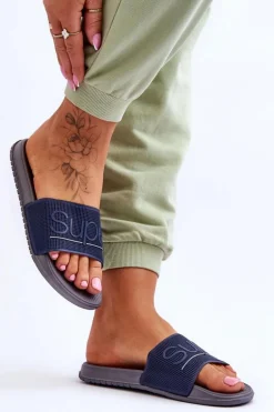 Lekkie Damskie Klapki Z Napisem Granatowo-Szare Merry