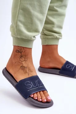 Lekkie Damskie Klapki Z Napisem Granatowo-Szare Merry