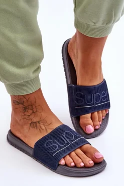 Lekkie Damskie Klapki Z Napisem Granatowo-Szare Merry