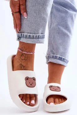 Lekkie Damskie Piankowe Klapki Z Misiem Białe Lia