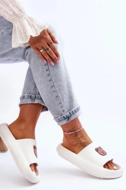 Lekkie Damskie Piankowe Klapki Z Misiem Białe Lia