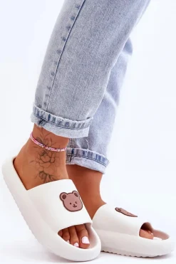 Lekkie Damskie Piankowe Klapki Z Misiem Białe Lia