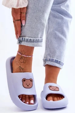 Lekkie Damskie Piankowe Klapki Z Misiem Niebieskie Lia