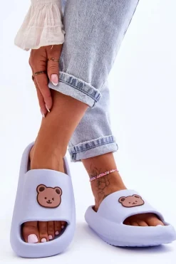 Lekkie Damskie Piankowe Klapki Z Misiem Niebieskie Lia