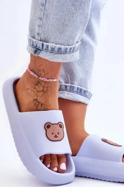 Lekkie Damskie Piankowe Klapki Z Misiem Niebieskie Lia