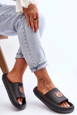 Lekkie Damskie Piankowe Klapki Z Misiem Czarne Lia