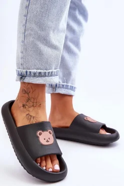 Lekkie Damskie Piankowe Klapki Z Misiem Czarne Lia