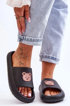 Lekkie Damskie Piankowe Klapki Z Misiem Czarne Lia