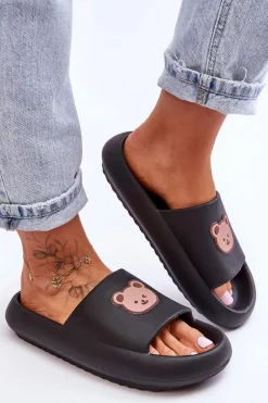 Lekkie Damskie Piankowe Klapki Z Misiem Czarne Lia