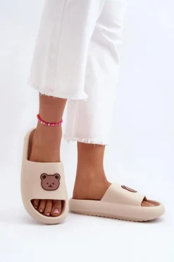 Lekkie Damskie Piankowe Klapki Z Misiem Jasnobeżowe Lia