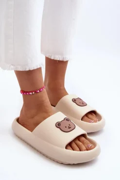 Lekkie Damskie Piankowe Klapki Z Misiem Jasnobeżowe Lia