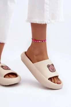 Lekkie Damskie Piankowe Klapki Z Misiem Jasnobeżowe Lia