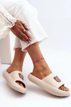 Lekkie Damskie Piankowe Klapki Z Misiem Jasnobeżowe Lia