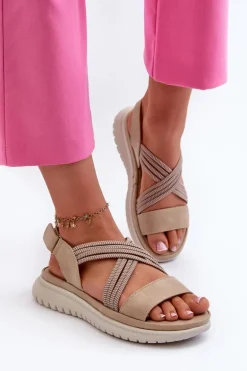 Lekkie Damskie Wygodne Sandały Na Rzep Beżowe Ceclea