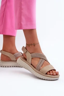 Lekkie Damskie Wygodne Sandały Na Rzep Beżowe Ceclea
